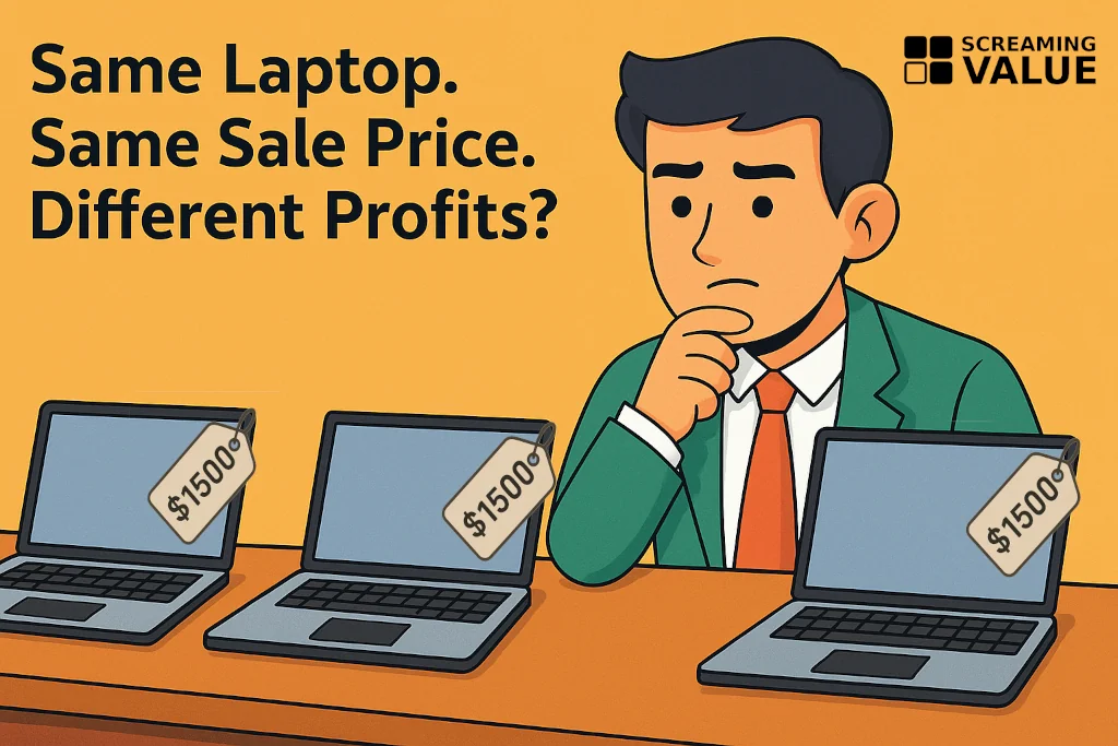 Puzzeled sales guy staying in front of three laptops. Same laptop, same sales price. But different profits?